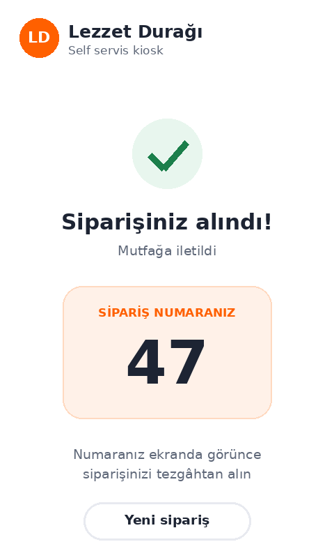 Sipariş numarası ekranı